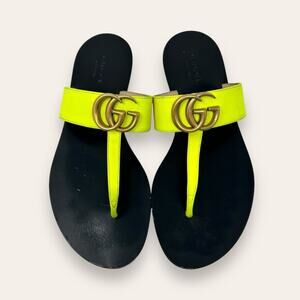 Gucci GG Marmont Thong Double G Flat Leather Sandals Black Yellow 36 Women’s
